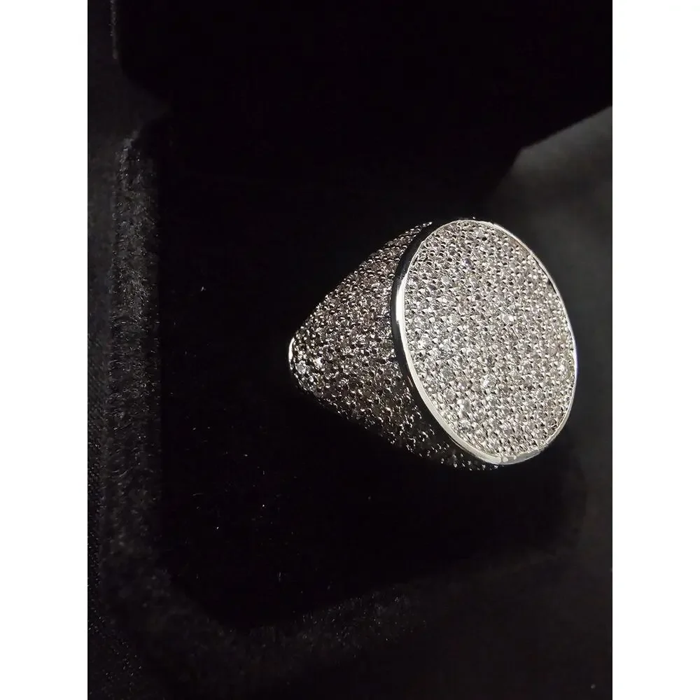 Size 9 White Gold-Plated brass- Men's Ring Pavé Round Cubic Zirconias